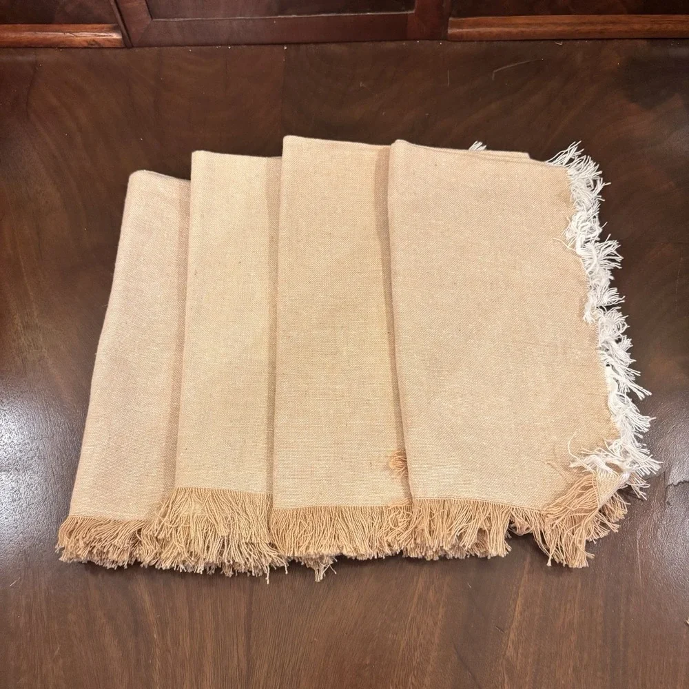 Set of 4 Quality Living Fringed Cloth Napkins Beige Tan Cotton Blend 18x18